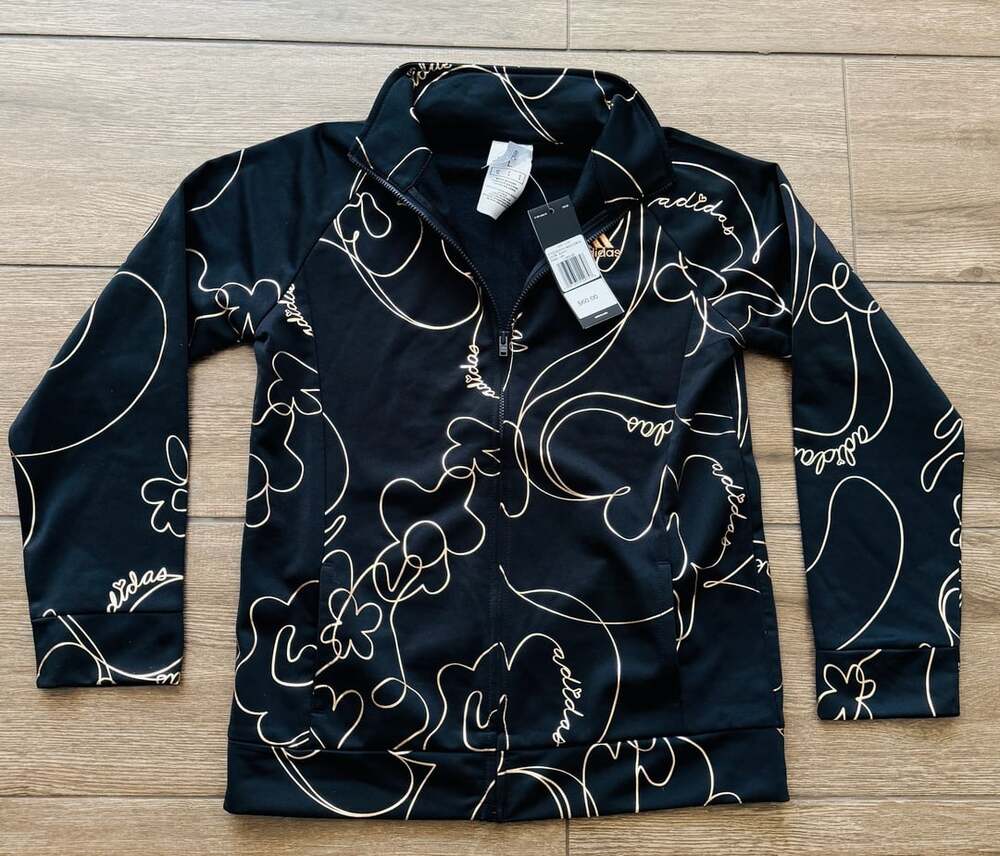 Adidas Track Jacket Sz L (14) girls size Black Gold Floral Full Zip Retail $60